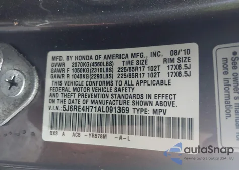 2010 Honda Cr-V Ex-L from USA, damaged, VIN 5J6RE4H71AL091369